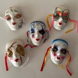 Set of 5 ceramic Mardi gras masquerade style masks. Wall hanging art. Vintage